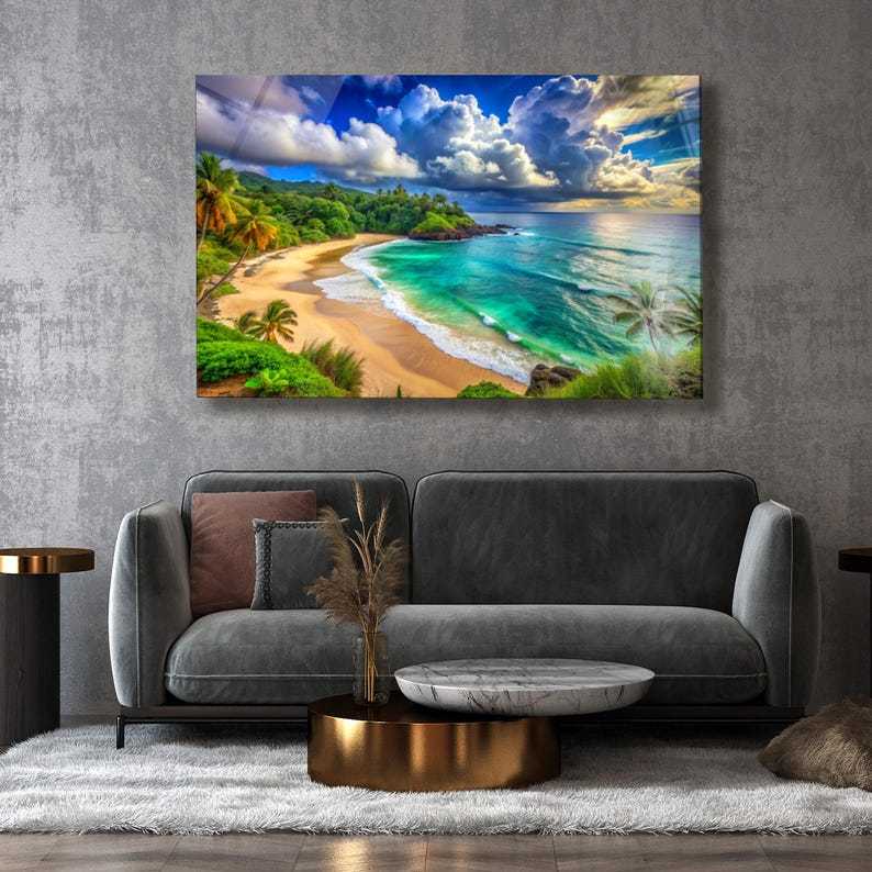 Tempered Glass Wall Art, Vibrant Tropical Beach , Sunny Ocean Landscape Print, Extra Large Paradise Coast Wall Decor, Living Room Wall Decor