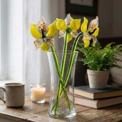 Blown Glass Yellow Orchid Flower, Valentines Day Floral Gift Decor