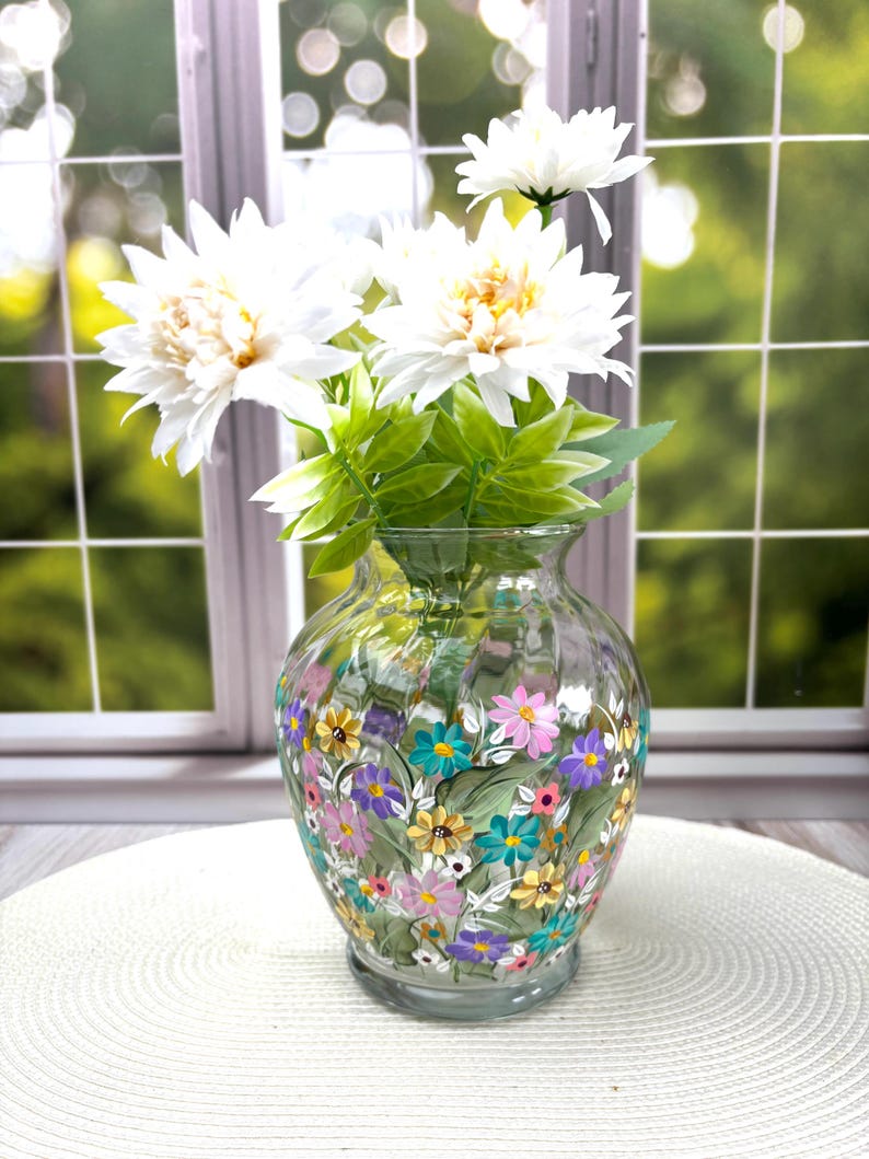 Hand Painted Wildflower Beveled Glass Vase: Pastel Spring Daisy Floral Design-Garden Art- Cottage Decor