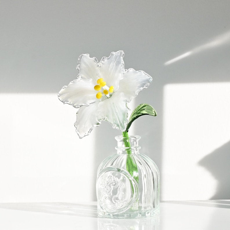 Blown Glass Pink Lily Flower, Memorial Grave Floral Table Decoration