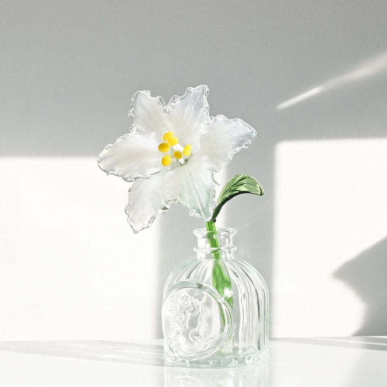 Blown Glass Pink Lily Flower, Memorial Grave Floral Table Decoration