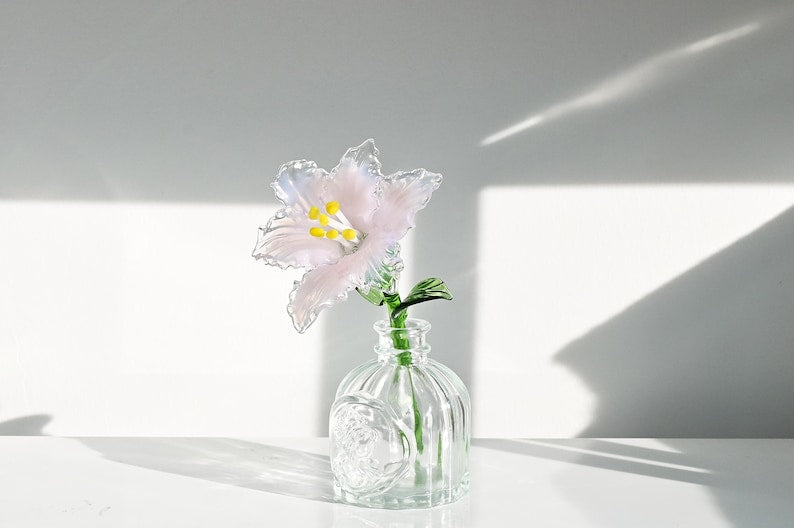 Blown Glass Pink Lily Flower, Memorial Grave Floral Table Decoration
