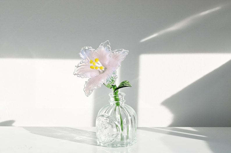 Blown Glass Pink Lily Flower, Memorial Grave Floral Table Decoration