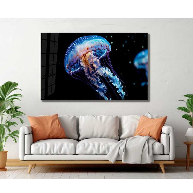 Blue Jellyfish Tempered Glass Wall Art - Ocean Decor - Modern Sea Art