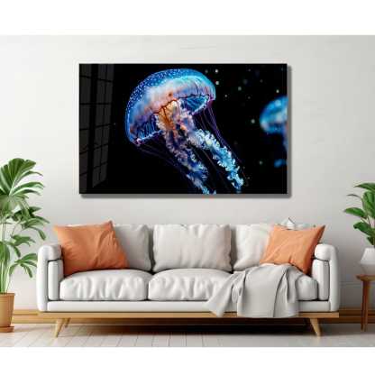 Blue Jellyfish Tempered Glass Wall Art - Ocean Decor - Modern Sea Art