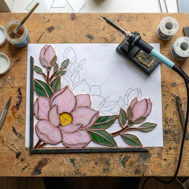 Stained Glass Cherry Blossom Bookends, Sakura Wood Book Ends, Pink Floral Bookshelf Decor, Japanese Style Gift for Reader, Spring Decor