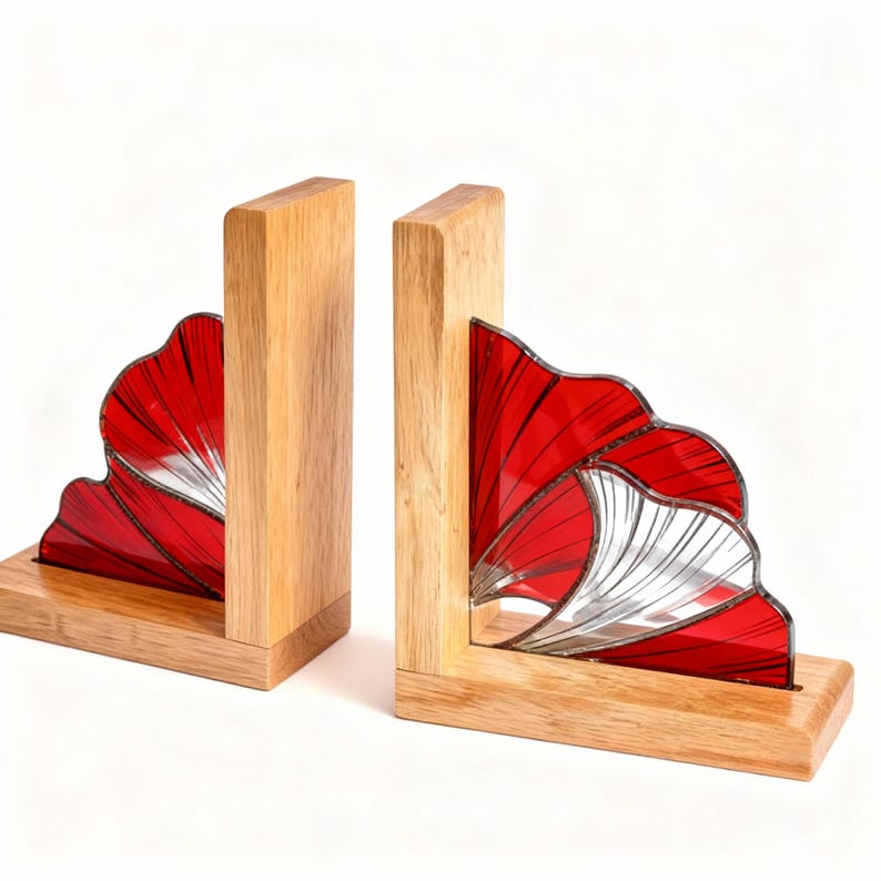 Handmade Stained Glass Ginkgo leaves Book Ends, Flower Suncatcher, Book Shelf Decor