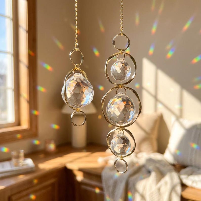 Crystal Suncatcher Stone Rainbow Hanging Gold Prism Garden Decor