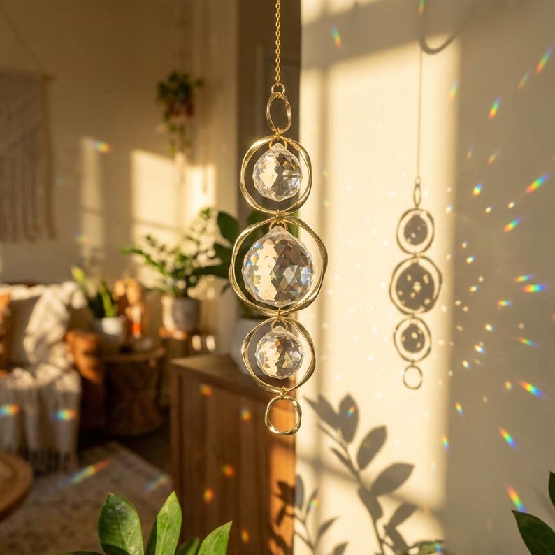 Crystal Suncatcher Stone Rainbow Hanging Gold Prism Garden Decor