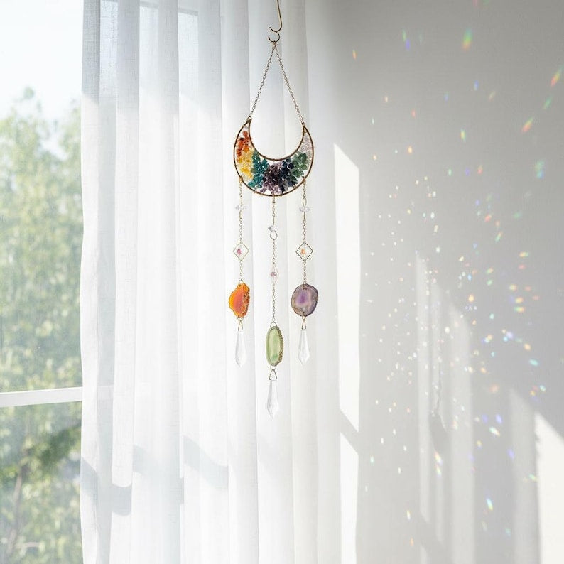 Crystal Suncatcher Colorful Moon Rainbow Window Boho Healing Decor