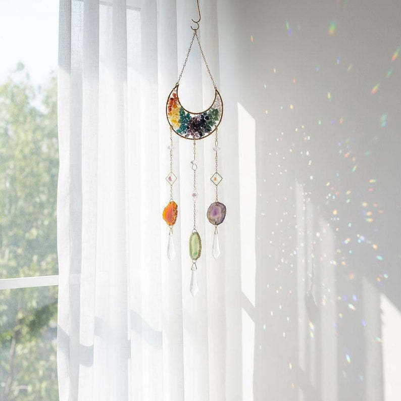 Crystal Suncatcher Colorful Moon Rainbow Window Boho Healing Decor