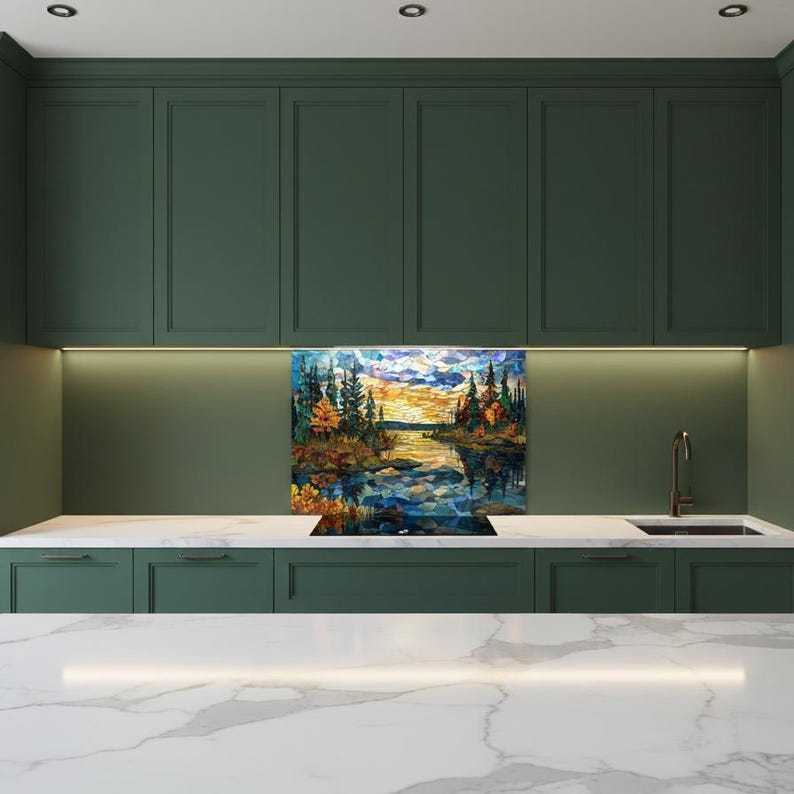 Pine Forest Glass Wall Art – Stained Style Sunset Lake