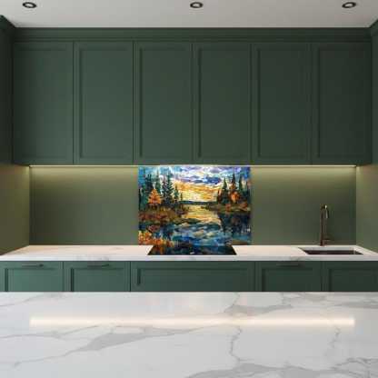Pine Forest Glass Wall Art – Stained Style Sunset Lake