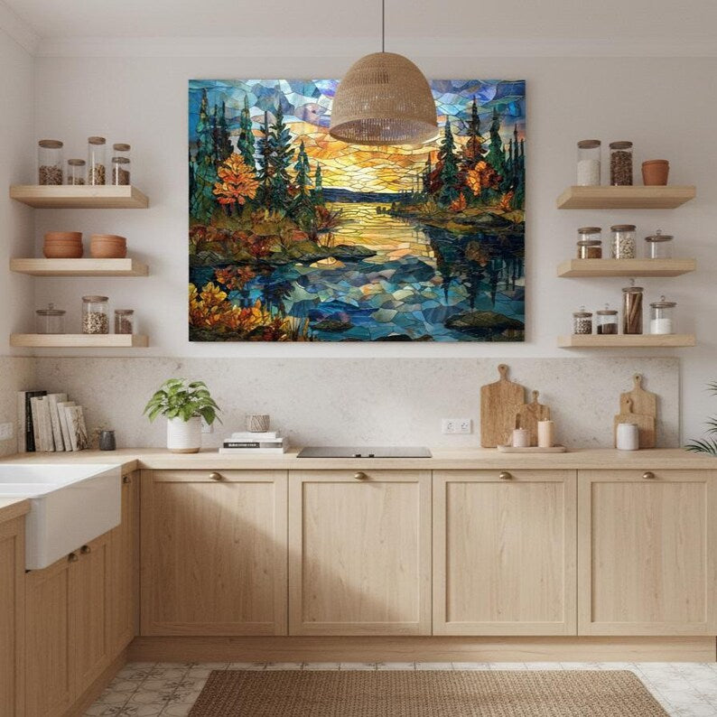 Pine Forest Glass Wall Art – Stained Style Sunset Lake