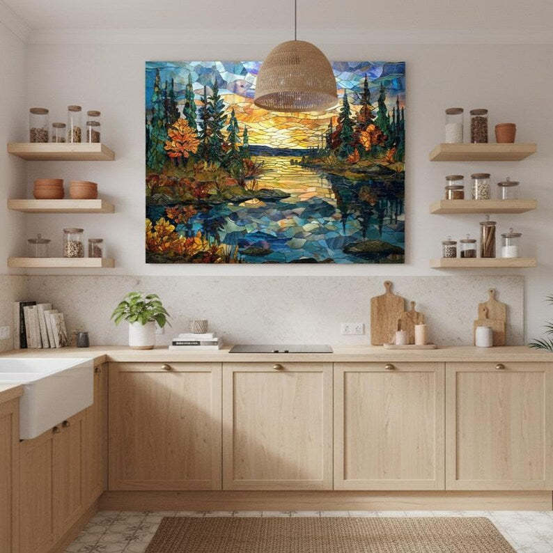 Pine Forest Glass Wall Art – Stained Style Sunset Lake