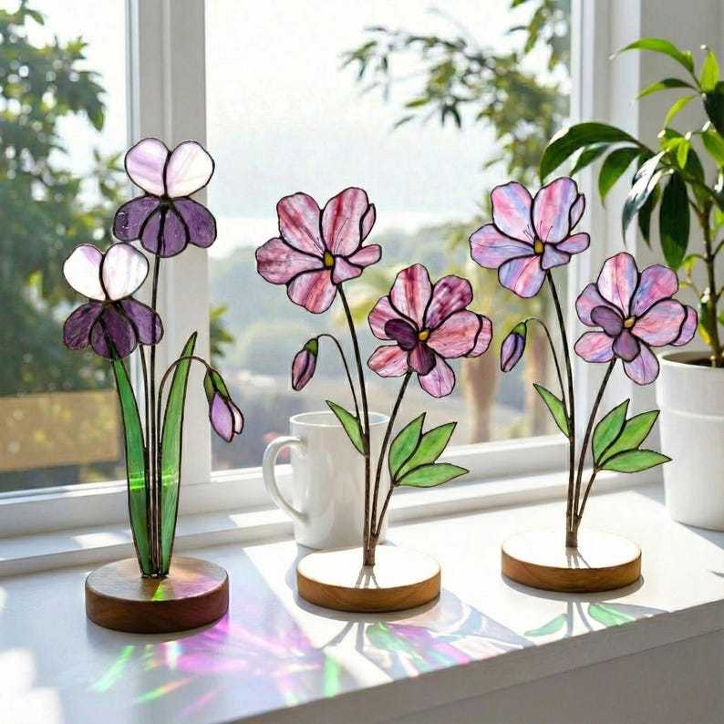 Stained Glass Violet February Birth Flower, Purple Glass Bouquet Decor