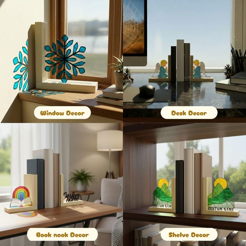 Butterfly and Mushroom Wooden Bookend Stained Glass, Minimalist Nature-Themed Book Stand for Reading Nook, Gift for Butterfly Admirers