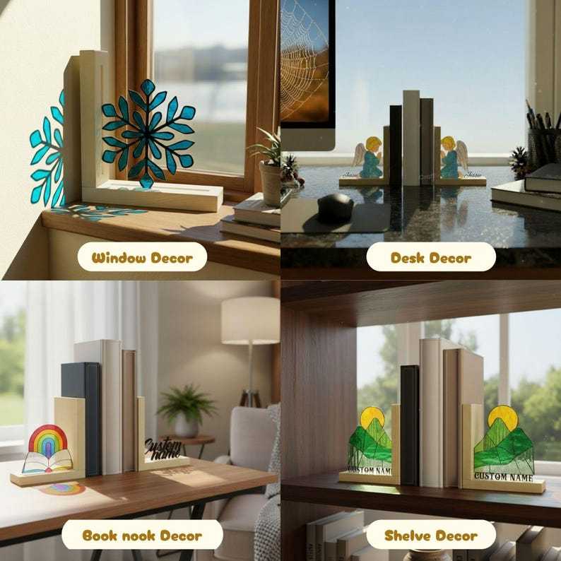 Butterfly and Mushroom Wooden Bookend Stained Glass, Minimalist Nature-Themed Book Stand for Reading Nook, Gift for Butterfly Admirers