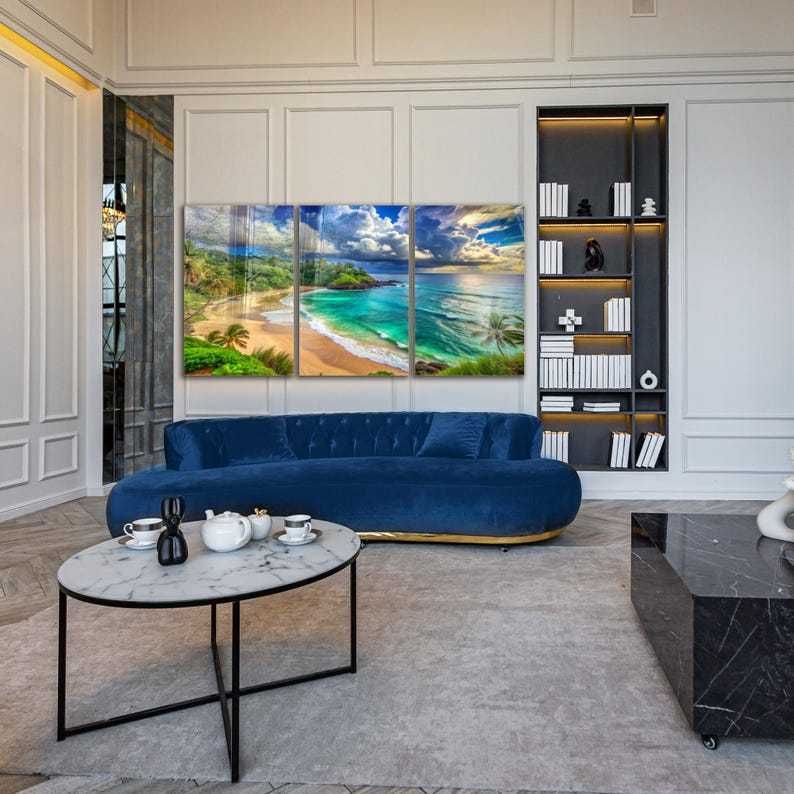 Tempered Glass Wall Art, Vibrant Tropical Beach , Sunny Ocean Landscape Print, Extra Large Paradise Coast Wall Decor, Living Room Wall Decor