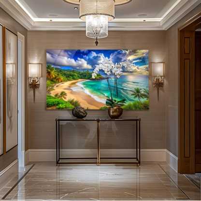 Tempered Glass Wall Art, Vibrant Tropical Beach , Sunny Ocean Landscape Print, Extra Large Paradise Coast Wall Decor, Living Room Wall Decor