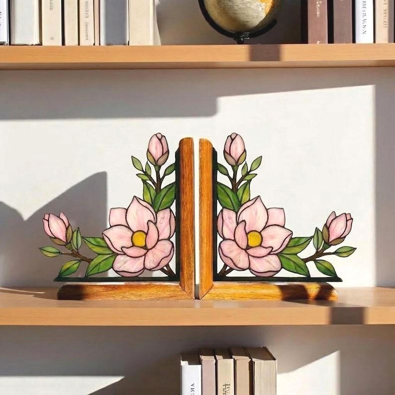 Stained Glass Cherry Blossom Bookends, Sakura Wood Book Ends, Pink Floral Bookshelf Decor, Japanese Style Gift for Reader, Spring Decor