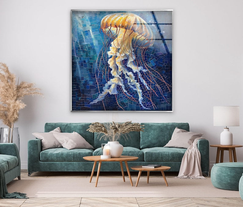 Jellyfish Ocean Blue Glass Wall Art – Golden Glow Marine