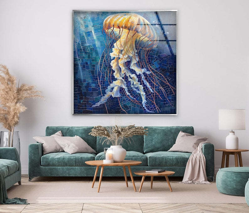 Jellyfish Ocean Blue Glass Wall Art – Golden Glow Marine