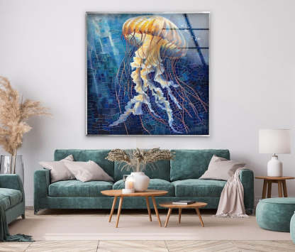 Jellyfish Ocean Blue Glass Wall Art – Golden Glow Marine