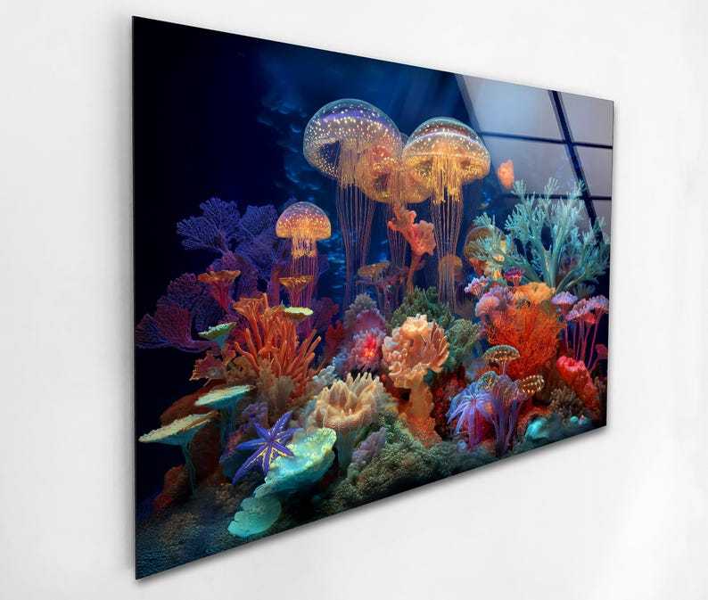 Jellyfish Coral Reef Glass Wall Art – Vibrant Ocean Decor