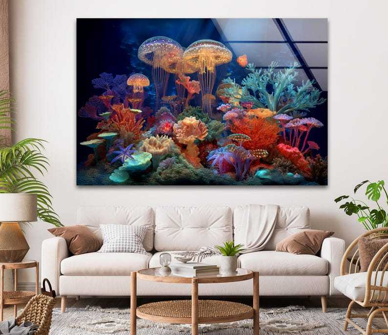Jellyfish Coral Reef Glass Wall Art – Vibrant Ocean Decor