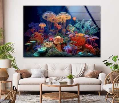 Jellyfish Coral Reef Glass Wall Art – Vibrant Ocean Decor