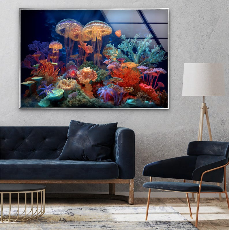 Jellyfish Coral Reef Glass Wall Art – Vibrant Ocean Decor