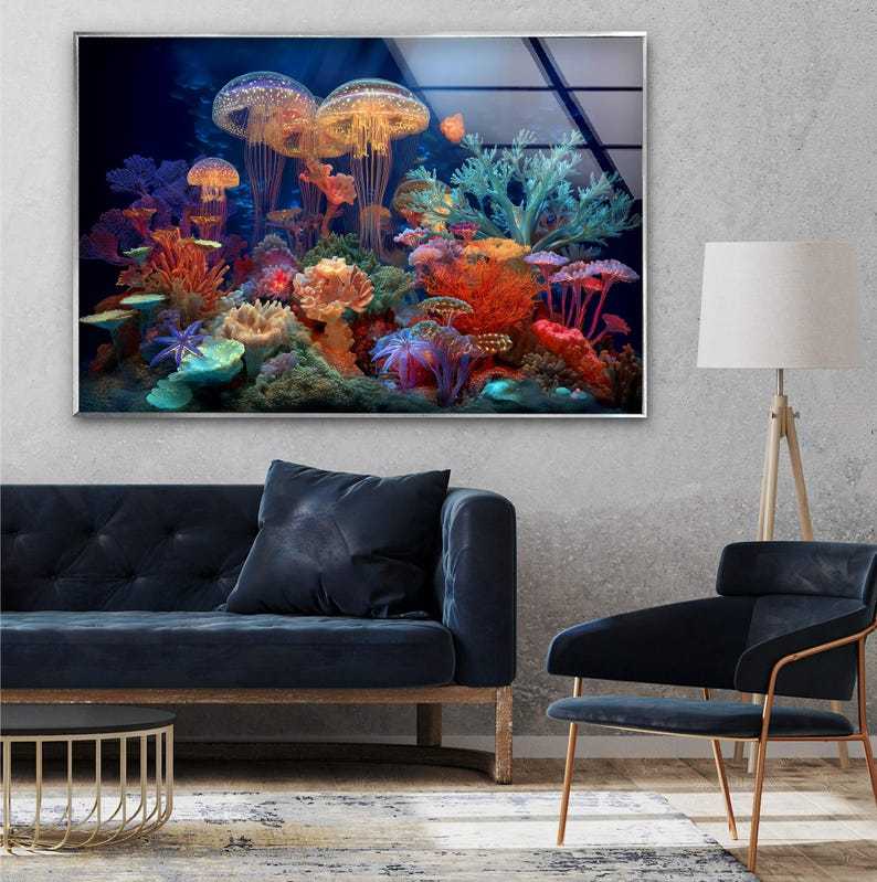 Jellyfish Coral Reef Glass Wall Art – Vibrant Ocean Decor