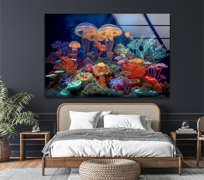Jellyfish Coral Reef Glass Wall Art – Vibrant Ocean Decor