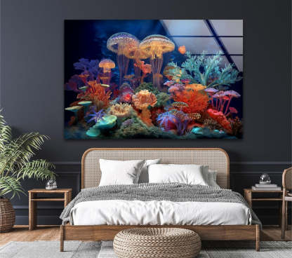 Jellyfish Coral Reef Glass Wall Art – Vibrant Ocean Decor