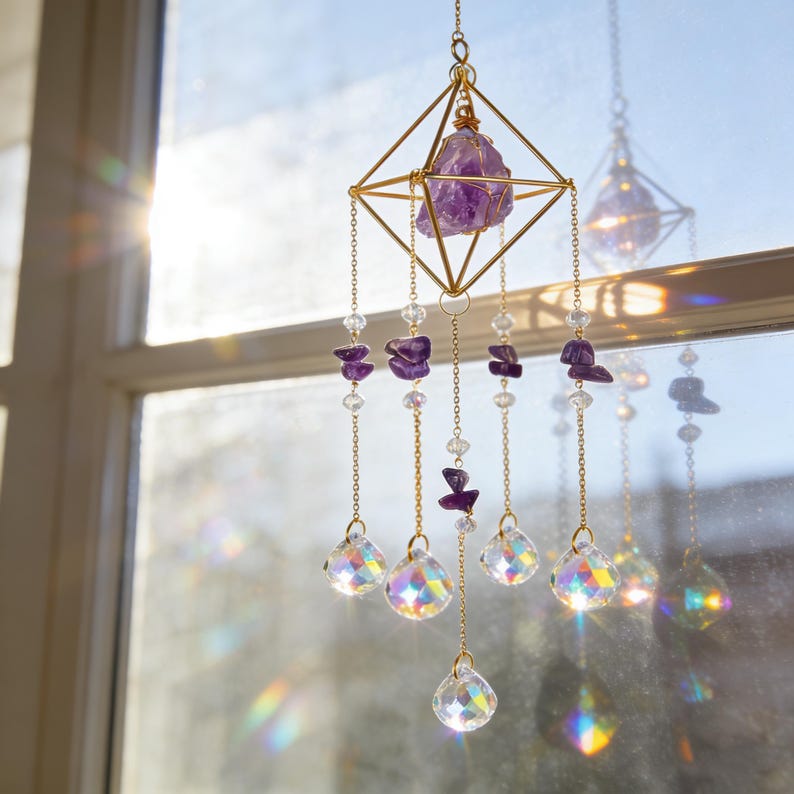 Crystal Suncatcher Raw Gemstone Rainbow Maker Boho Window Decor