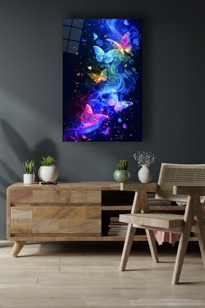 Colorful Butterfly Glass Wall Art – Abstract Fluid Design