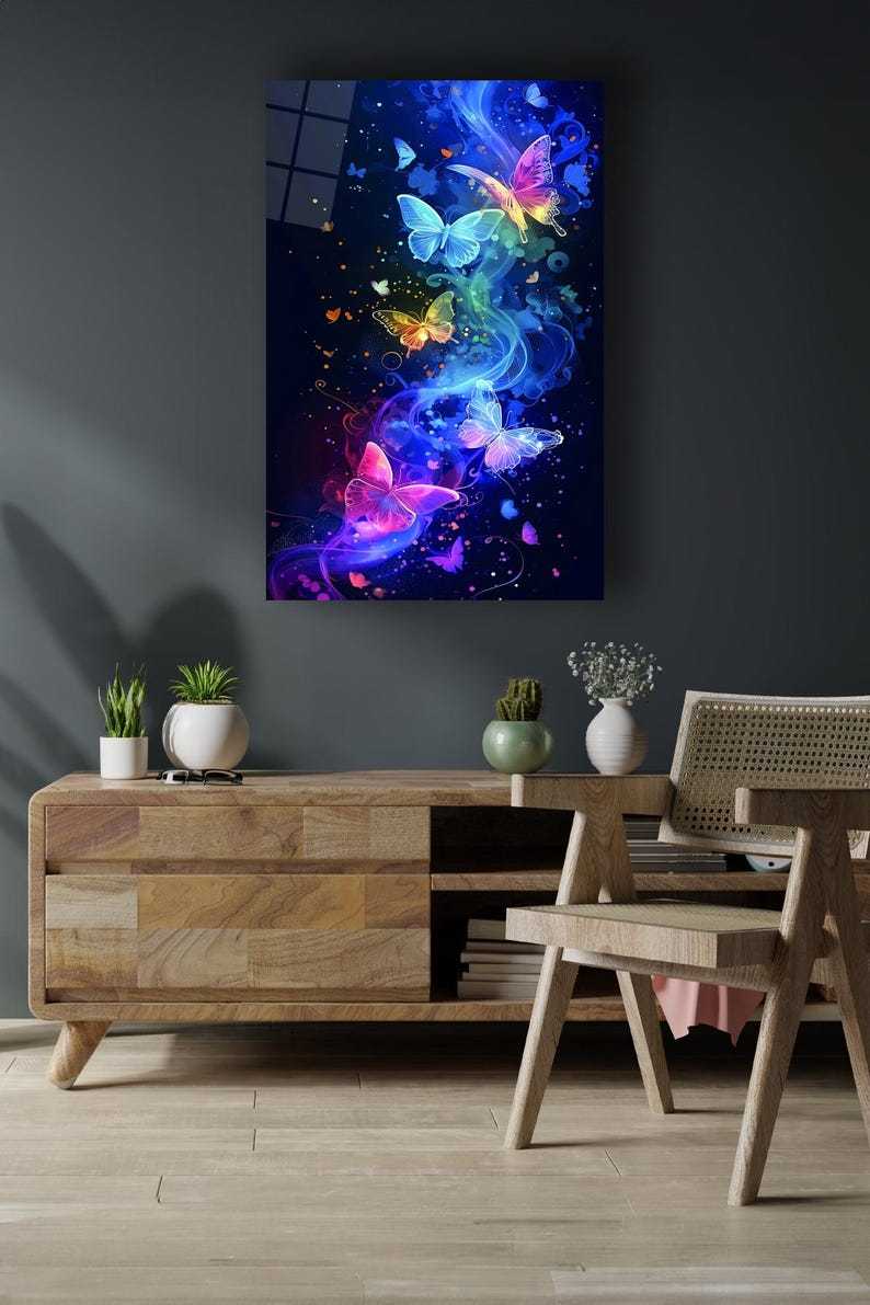 Colorful Butterfly Glass Wall Art – Abstract Fluid Design