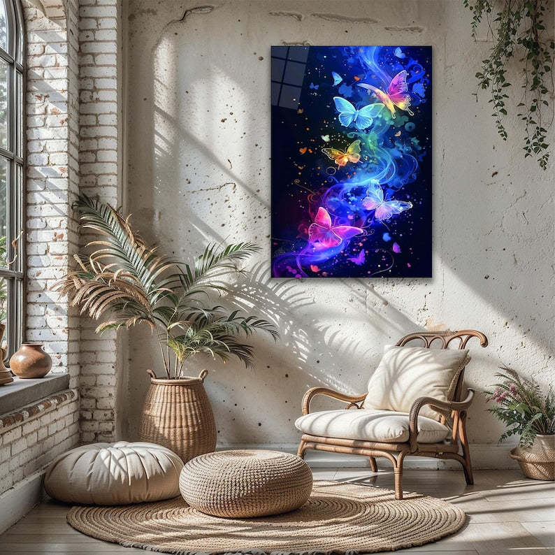 Colorful Butterfly Glass Wall Art – Abstract Fluid Design