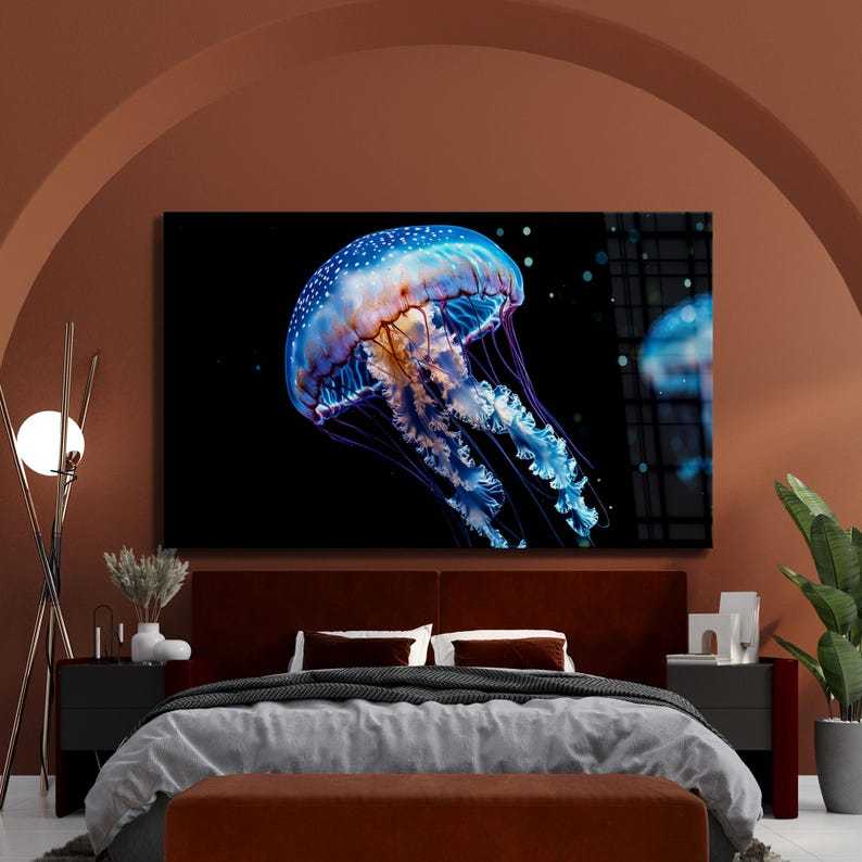 Blue Jellyfish Tempered Glass Wall Art - Ocean Decor - Modern Sea Art