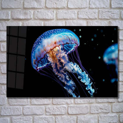 Blue Jellyfish Tempered Glass Wall Art - Ocean Decor - Modern Sea Art