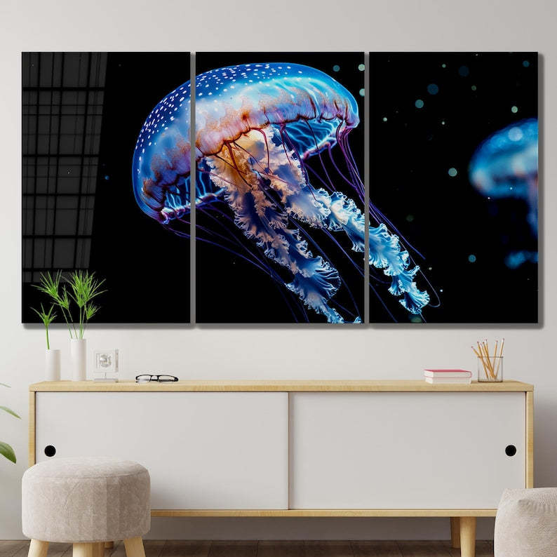 Blue Jellyfish Tempered Glass Wall Art - Ocean Decor - Modern Sea Art