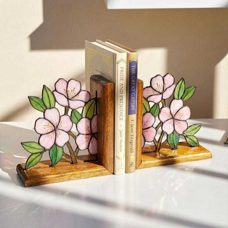 Stained Glass Cherry Blossom Bookends, Sakura Wood Book Ends, Pink Floral Bookshelf Decor, Japanese Style Gift for Reader, Spring Decor