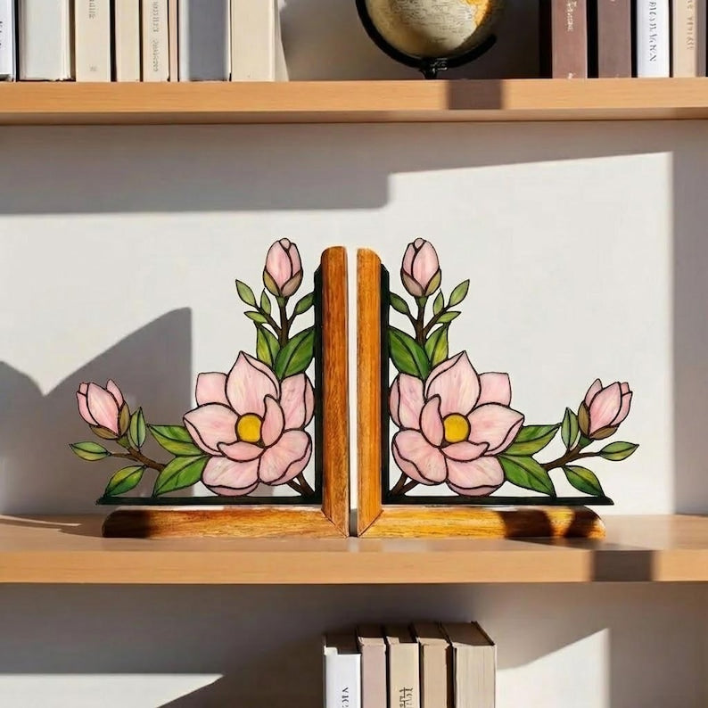 Stained Glass Bookends Cherry Blossom Corner Suncatcher, Pink Sakura Flower Decor, Reading Nook Gift for Book Lover Mom, Spring Window Art