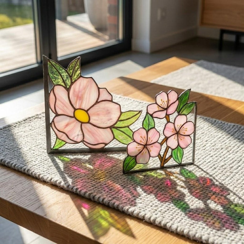 Stained Glass Bookends Cherry Blossom Corner Suncatcher, Pink Sakura Flower Decor, Reading Nook Gift for Book Lover Mom, Spring Window Art