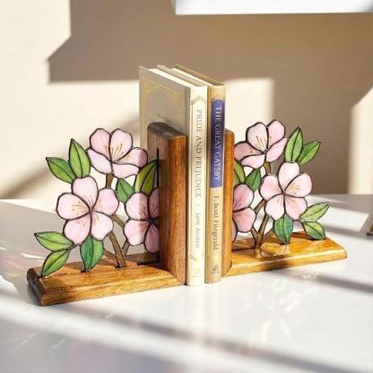 Stained Glass Bookends Cherry Blossom Corner Suncatcher, Pink Sakura Flower Decor, Reading Nook Gift for Book Lover Mom, Spring Window Art