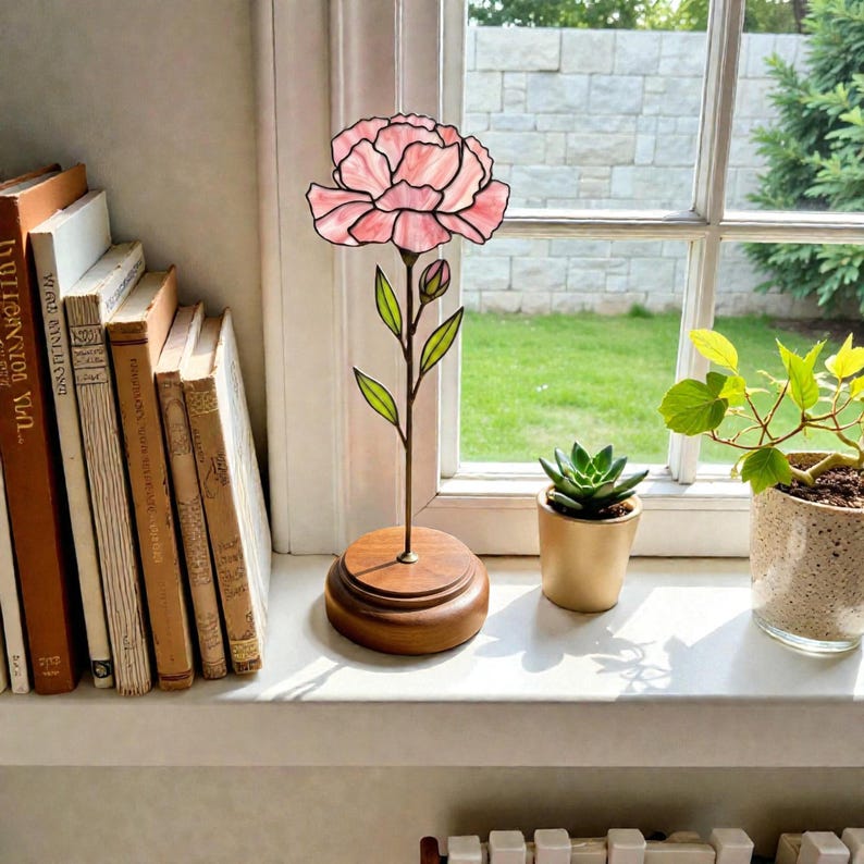 Stained Glass Carnation with Stand, January Birth Flower Decor