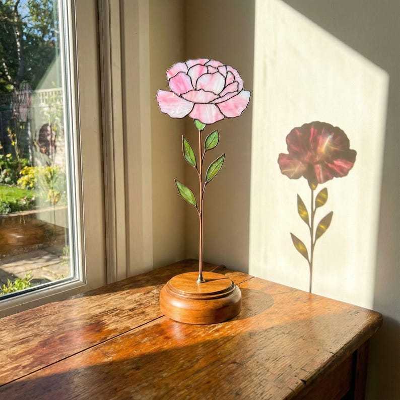 Stained Glass Carnation with Stand, January Birth Flower Decor