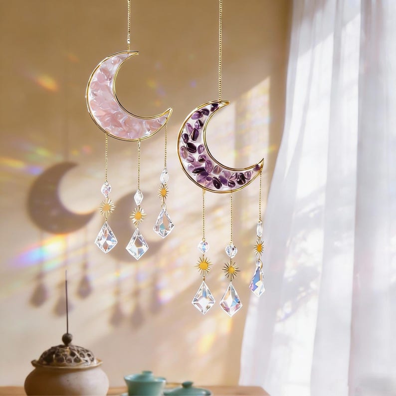Crescent Moon Crystal Suncatcher Hanging | Rainbow Maker, Boho Home Décor, Wind Chime, Valentine’s Day Gift, Spiritual Wall Art