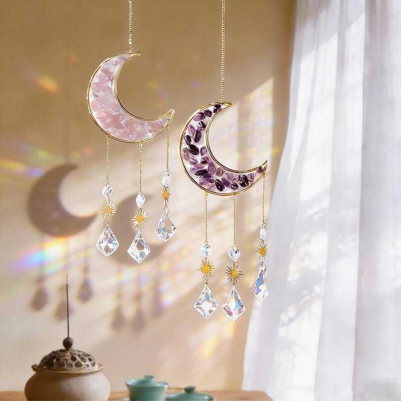 Crescent Moon Crystal Suncatcher Hanging | Rainbow Maker, Boho Home Décor, Wind Chime, Valentine’s Day Gift, Spiritual Wall Art